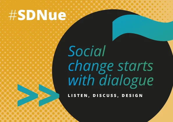 Cover of the English presentation of the project #SDNue Social Design Nuremberg, with its motto "Social change starts with dialogue - listen, discuss, design"