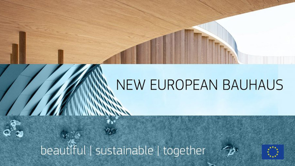 Key Visual des New European Bauhaus mit den Schlagwörtern beautiful, sustainable, together und dem Symbol der EU
