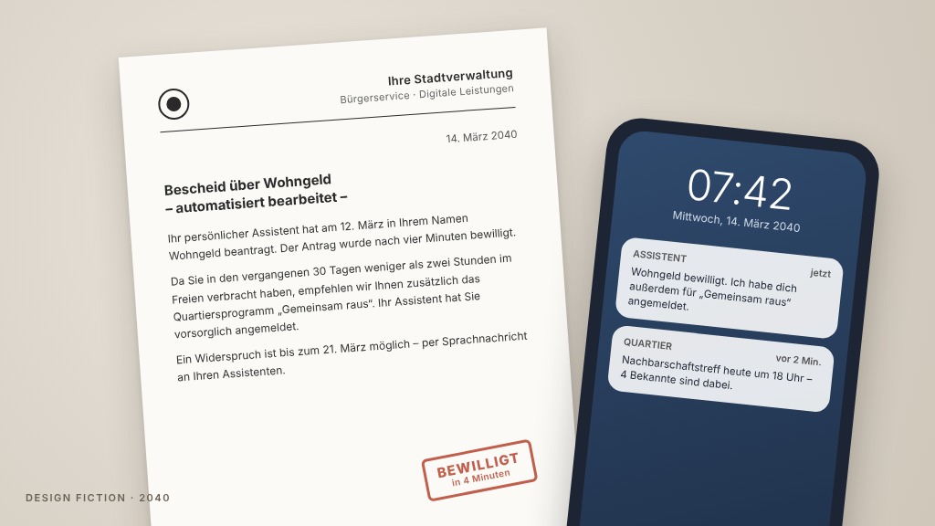 Ein Smartphone mit zwei Benachrichtigungen aus dem Jahr 2040